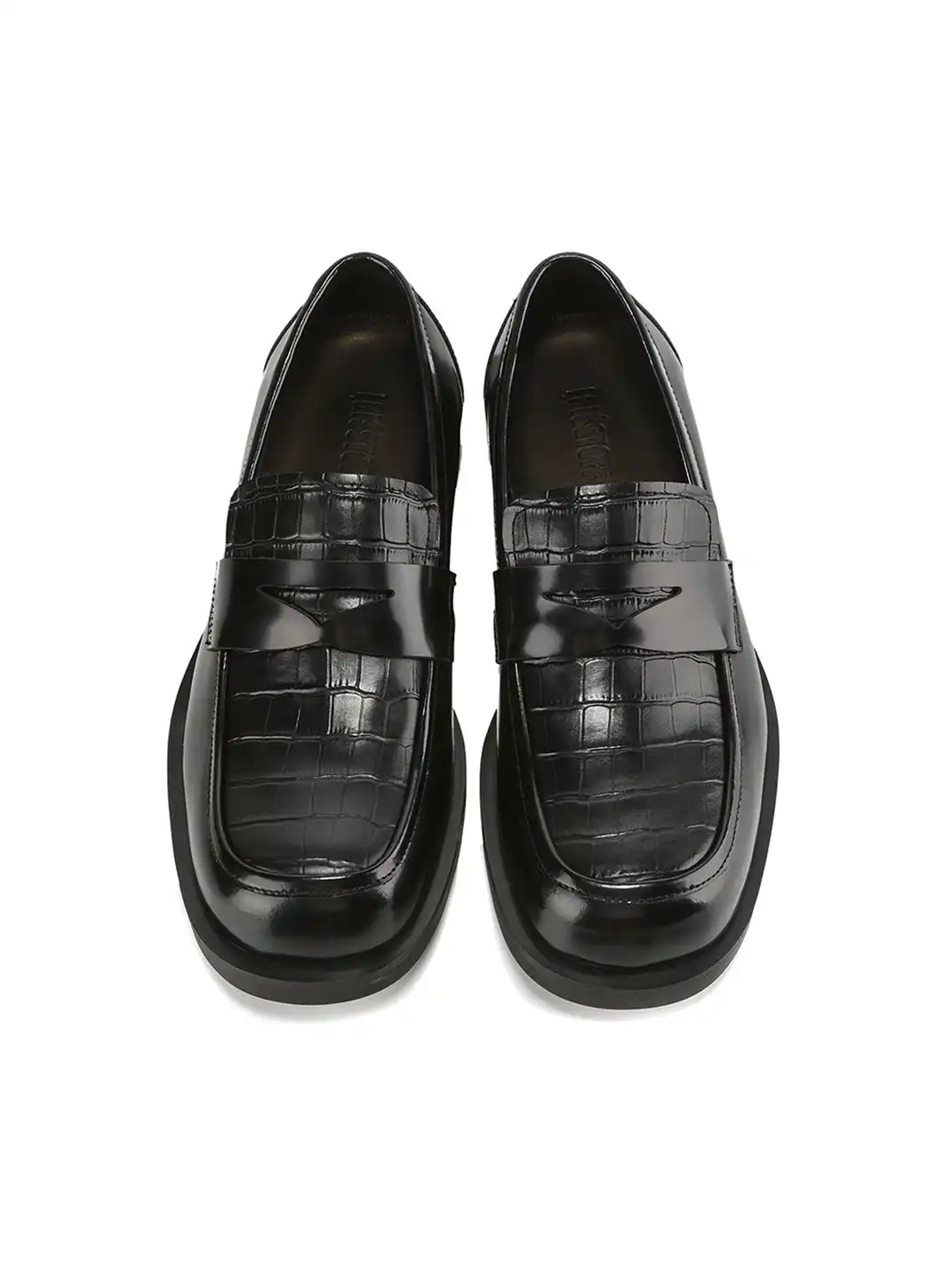 CYCYCY | Retro Square-Toe Crocodile-Patterned Patchwork Loafers-Black