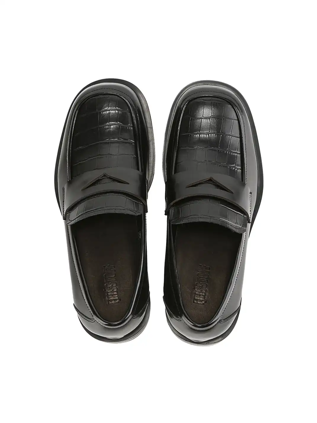 CYCYCY | Retro Square-Toe Crocodile-Patterned Patchwork Loafers-Black