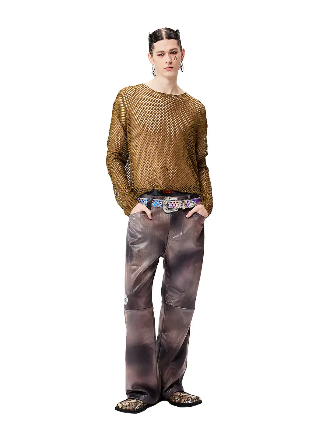 CYCYCY | Tie-Dye Reflective Patchwork Leather Pants