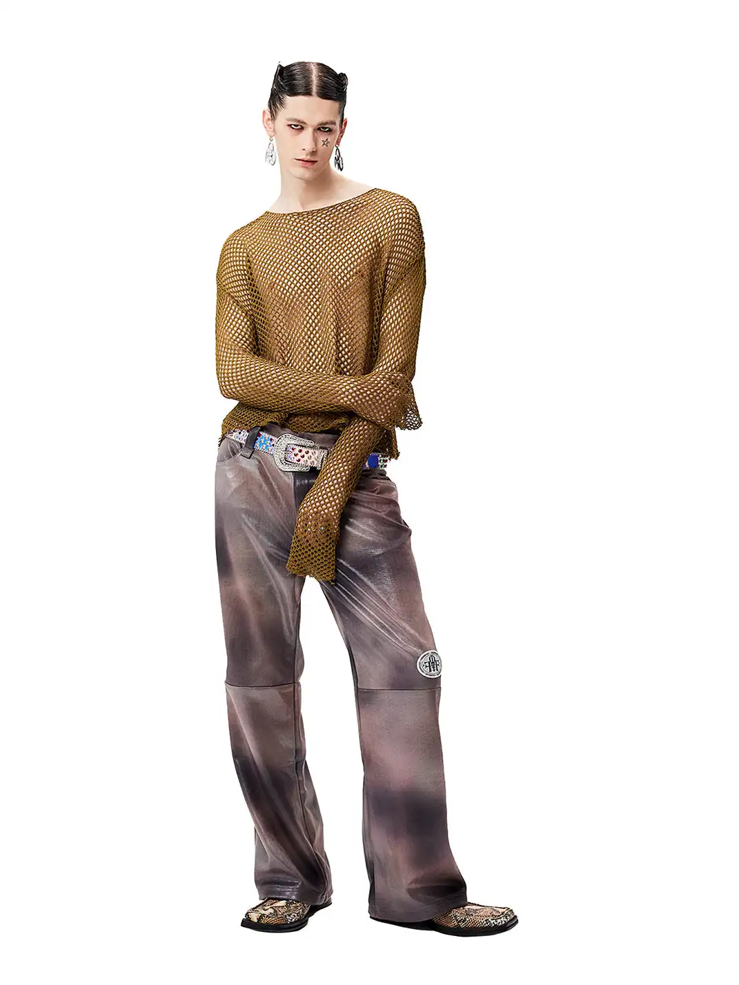 CYCYCY | Tie-Dye Reflective Patchwork Leather Pants