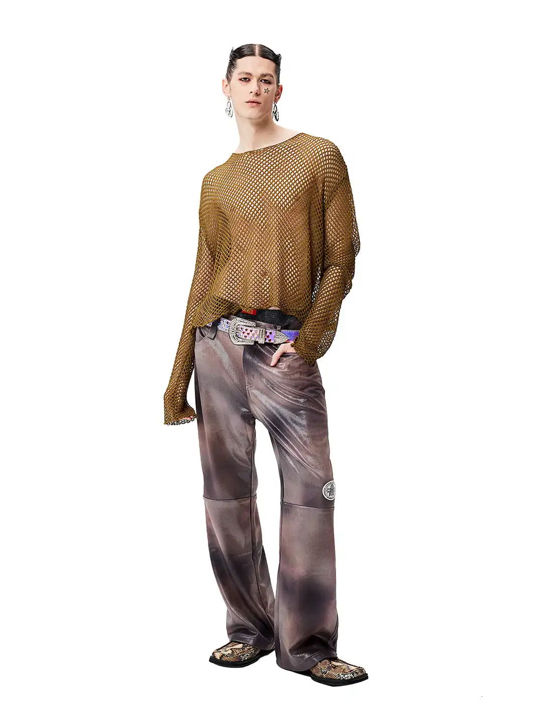 CYCYCY | Tie-Dye Reflective Patchwork Leather Pants