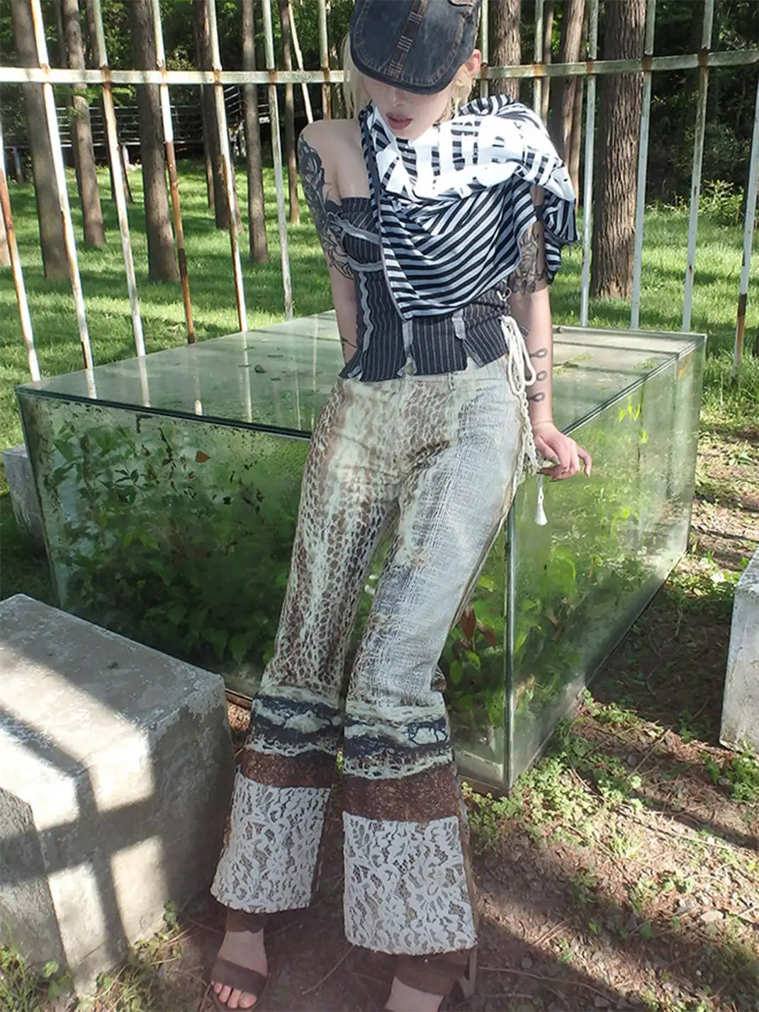 WrongSolution | Printed Spider Web Distressed Patchwork Flared Trousers