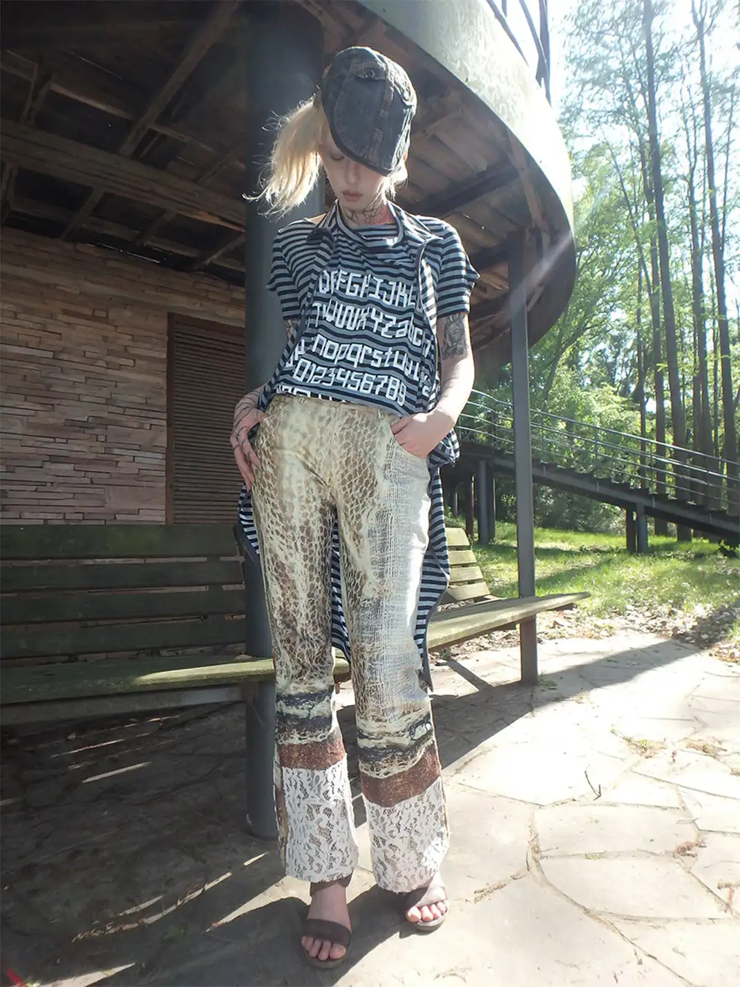 WrongSolution | Printed Spider Web Distressed Patchwork Flared Trousers