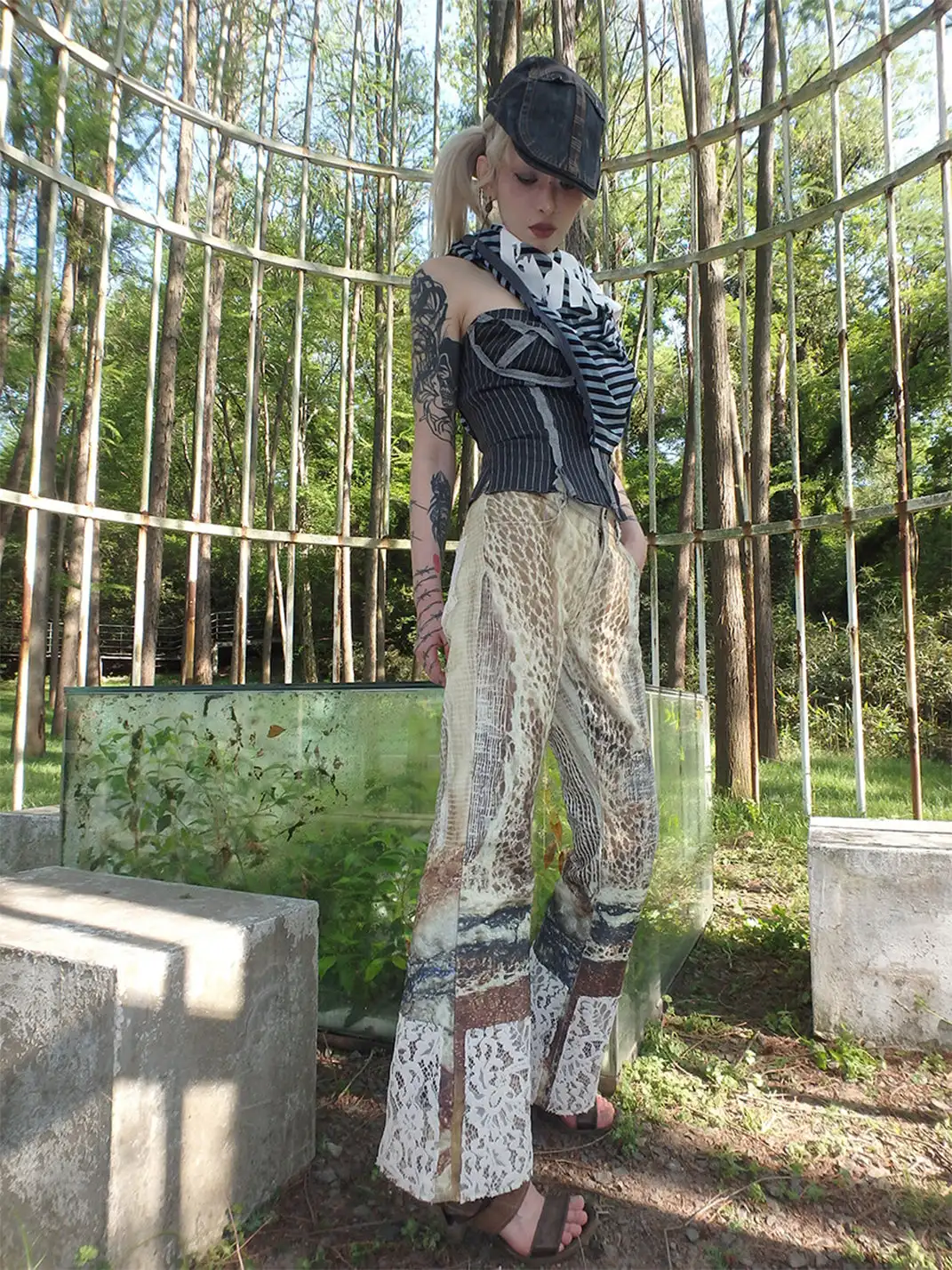 WrongSolution | Printed Spider Web Distressed Patchwork Flared Trousers