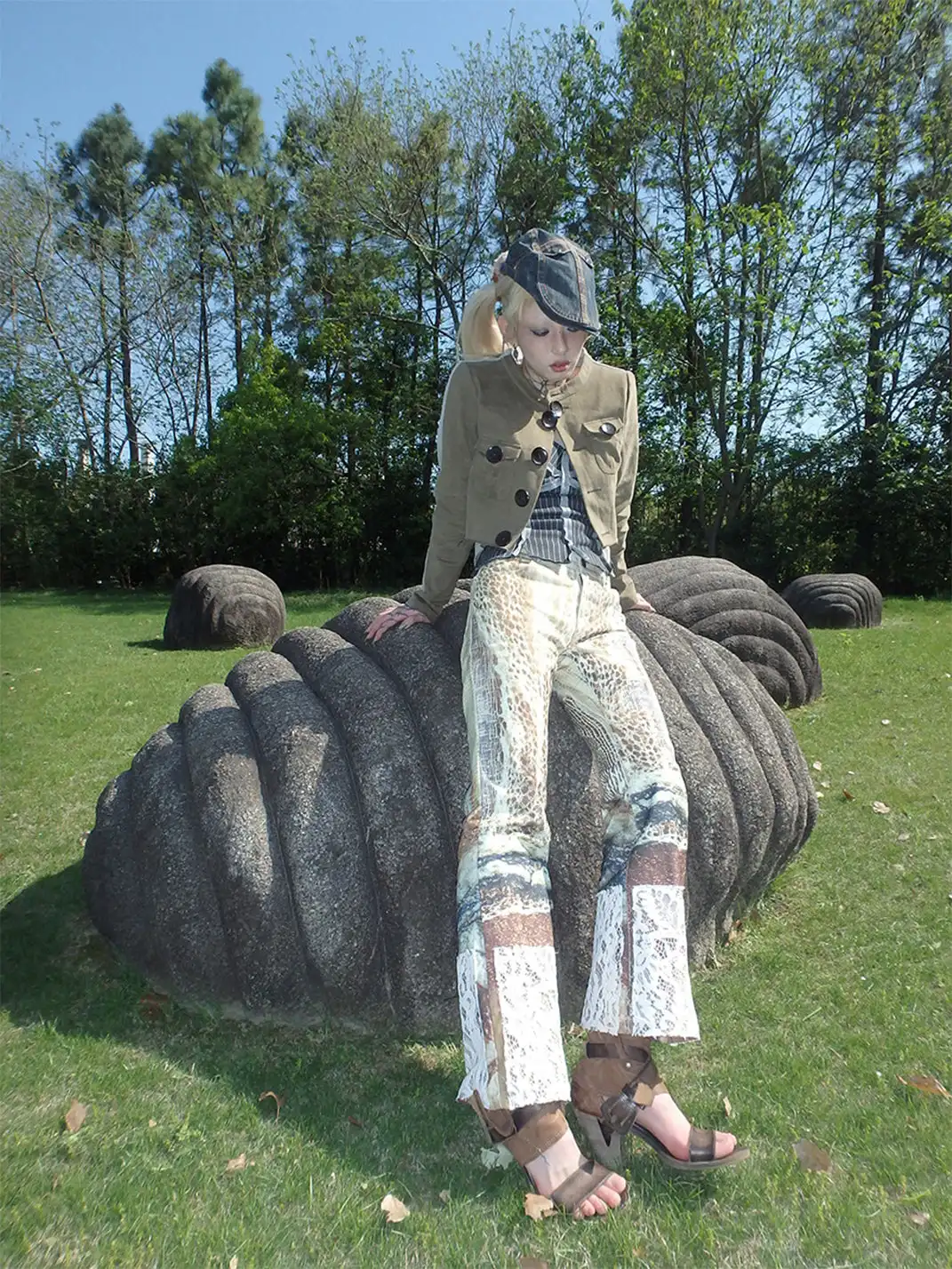 WrongSolution | Printed Spider Web Distressed Patchwork Flared Trousers