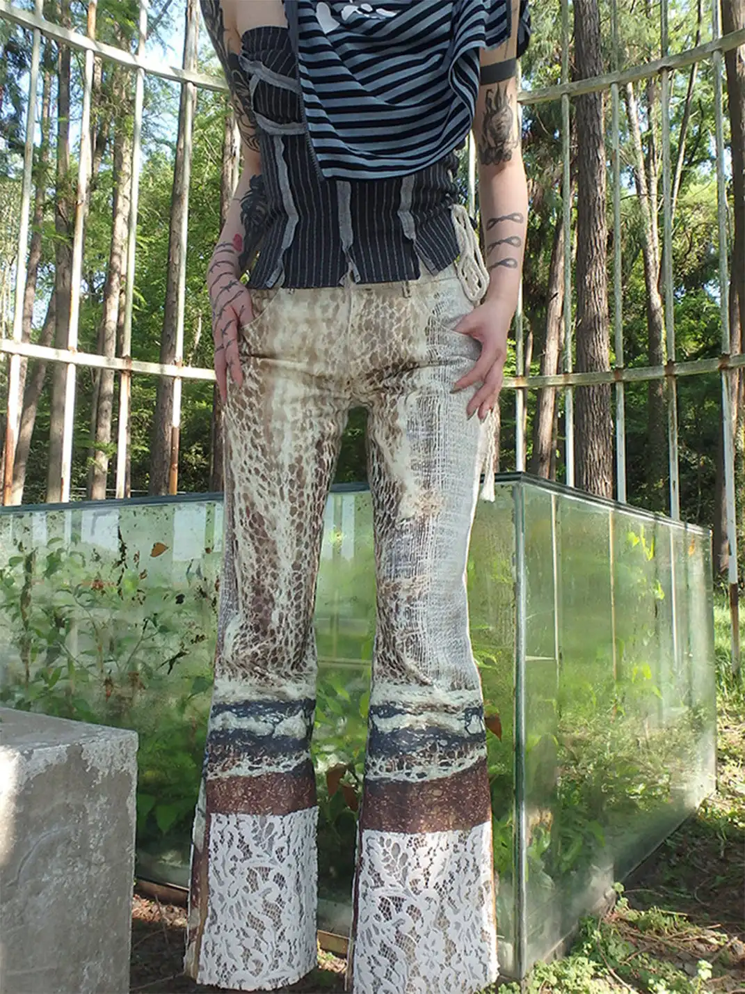 WrongSolution | Printed Spider Web Distressed Patchwork Flared Trousers