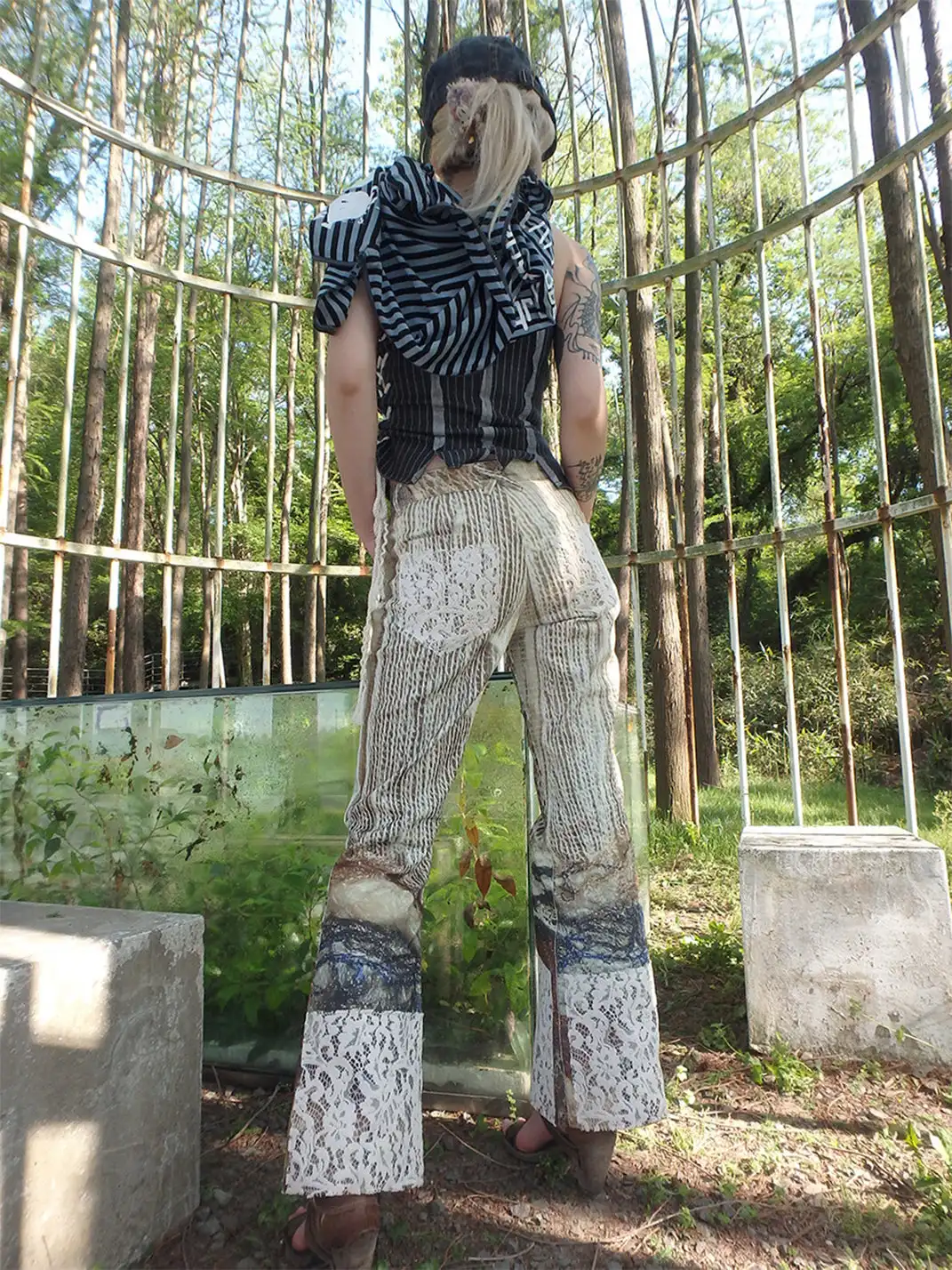 WrongSolution | Printed Spider Web Distressed Patchwork Flared Trousers
