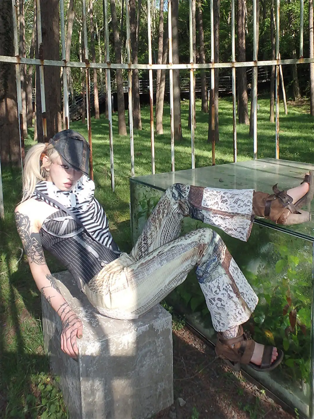 WrongSolution | Printed Spider Web Distressed Patchwork Flared Trousers