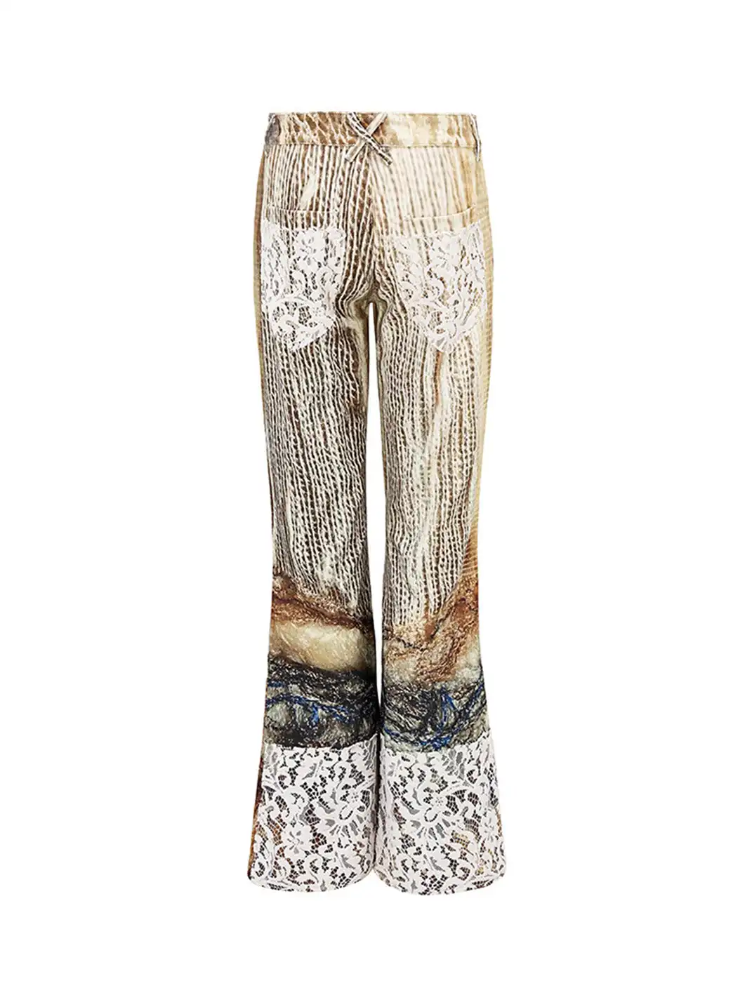 WrongSolution | Printed Spider Web Distressed Patchwork Flared Trousers