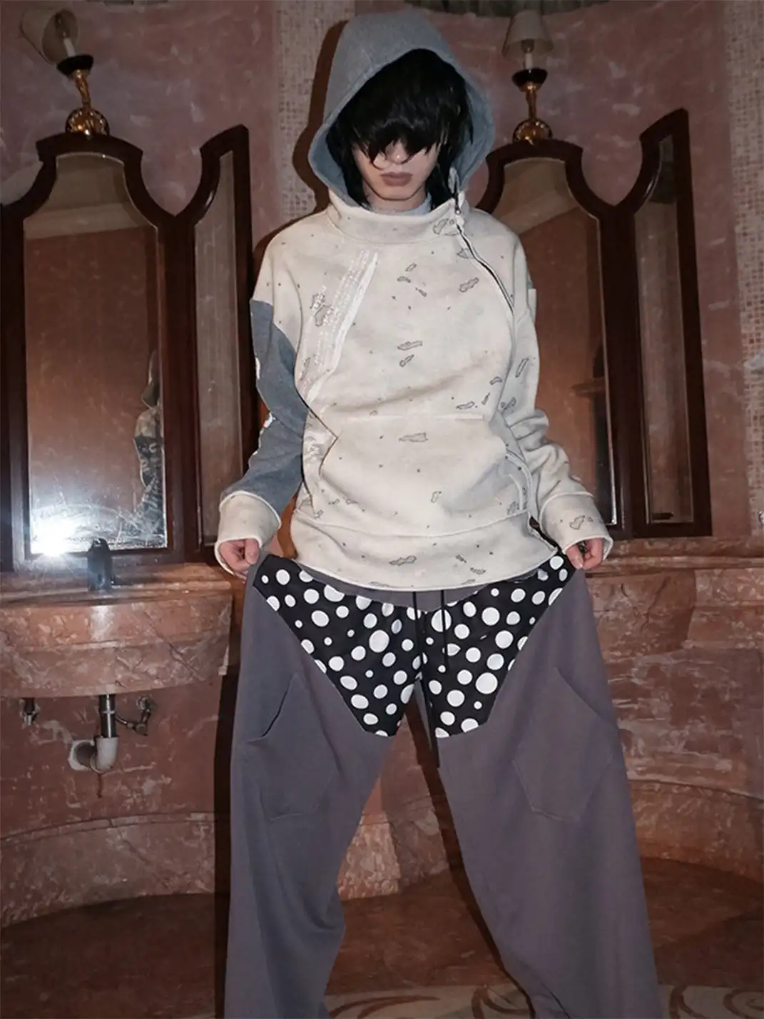 WrongSolution | "No Faith" Patchwork Low Waist Loose Pants