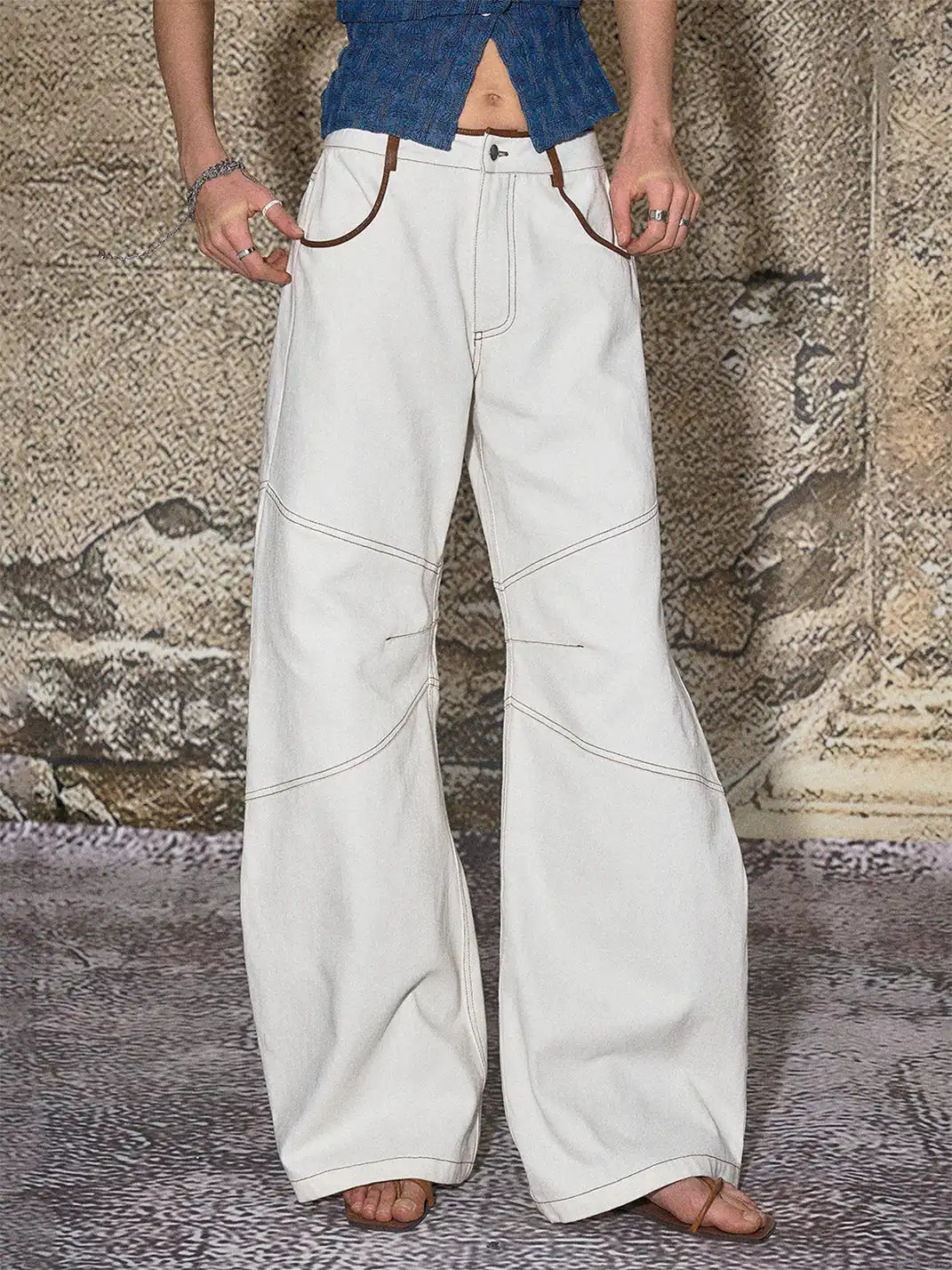 The NeverMore | White-Striped Low-Rise Distressed Jeans