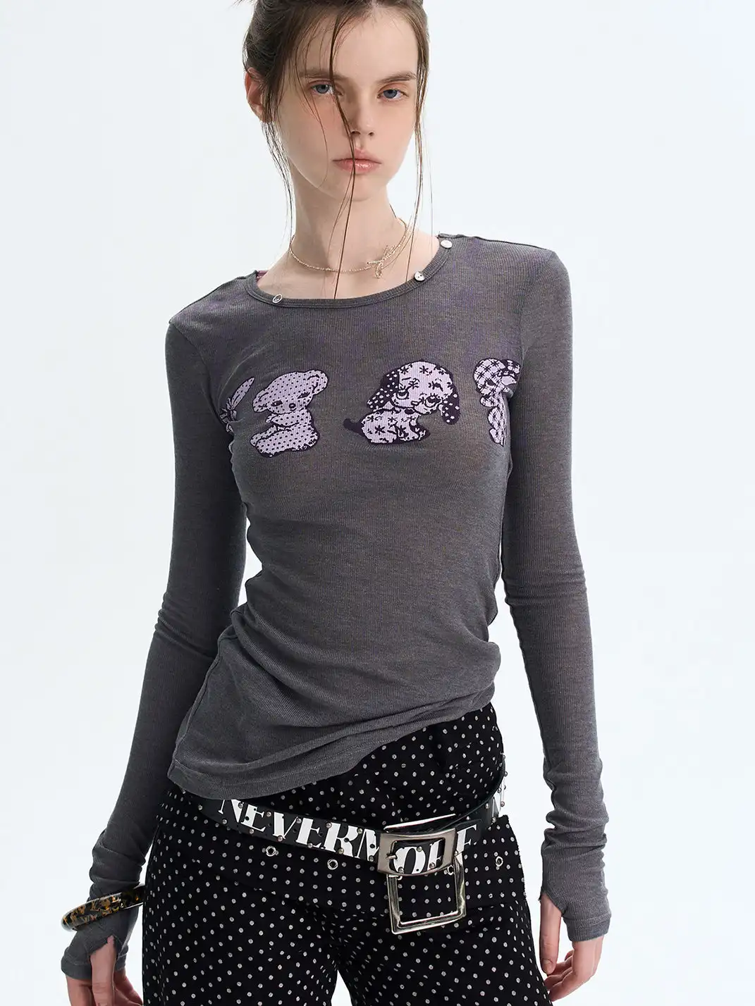 The NeverMore | Puppy Print Faux Two-Piece Knit T-Shirt