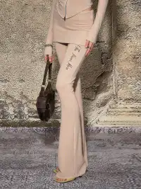 The NeverMore | Embroidered Lettering High-Waisted Flare Knit Pants