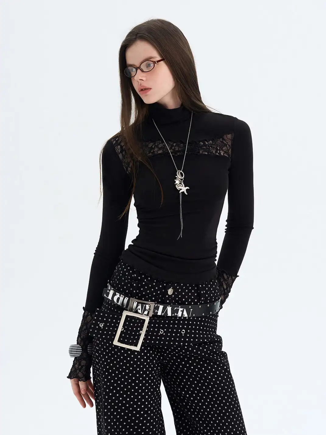 The NeverMore | Patchwork Lace Knit Turtleneck Base Layer