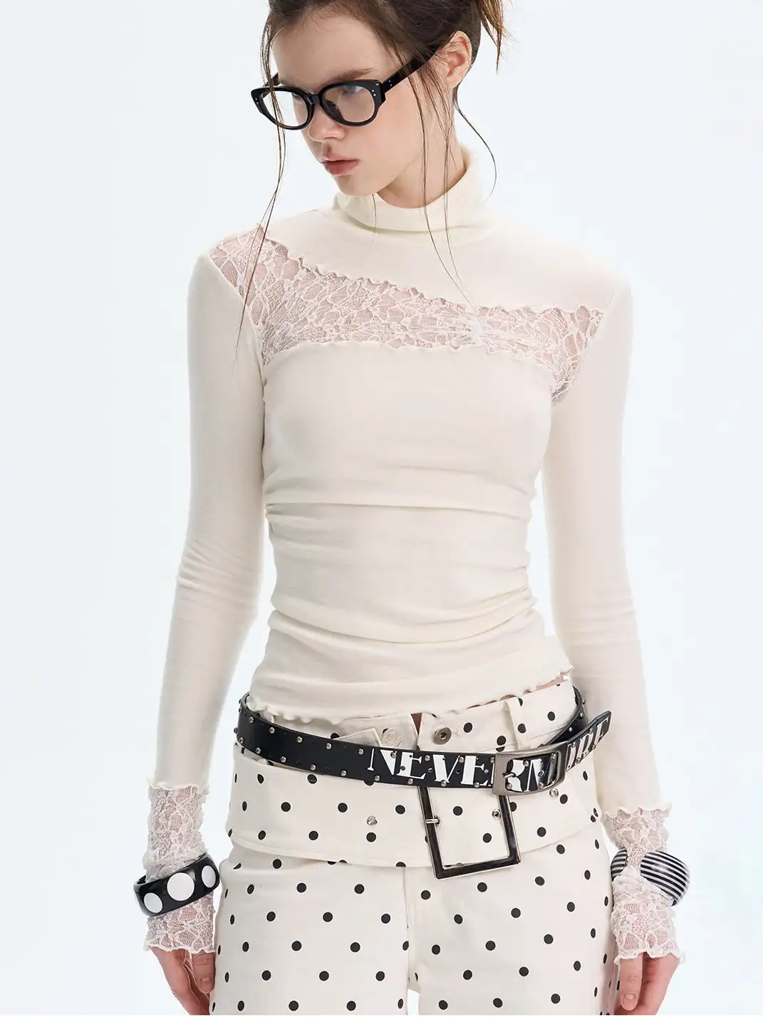 The NeverMore | Patchwork Lace Knit Turtleneck Base Layer