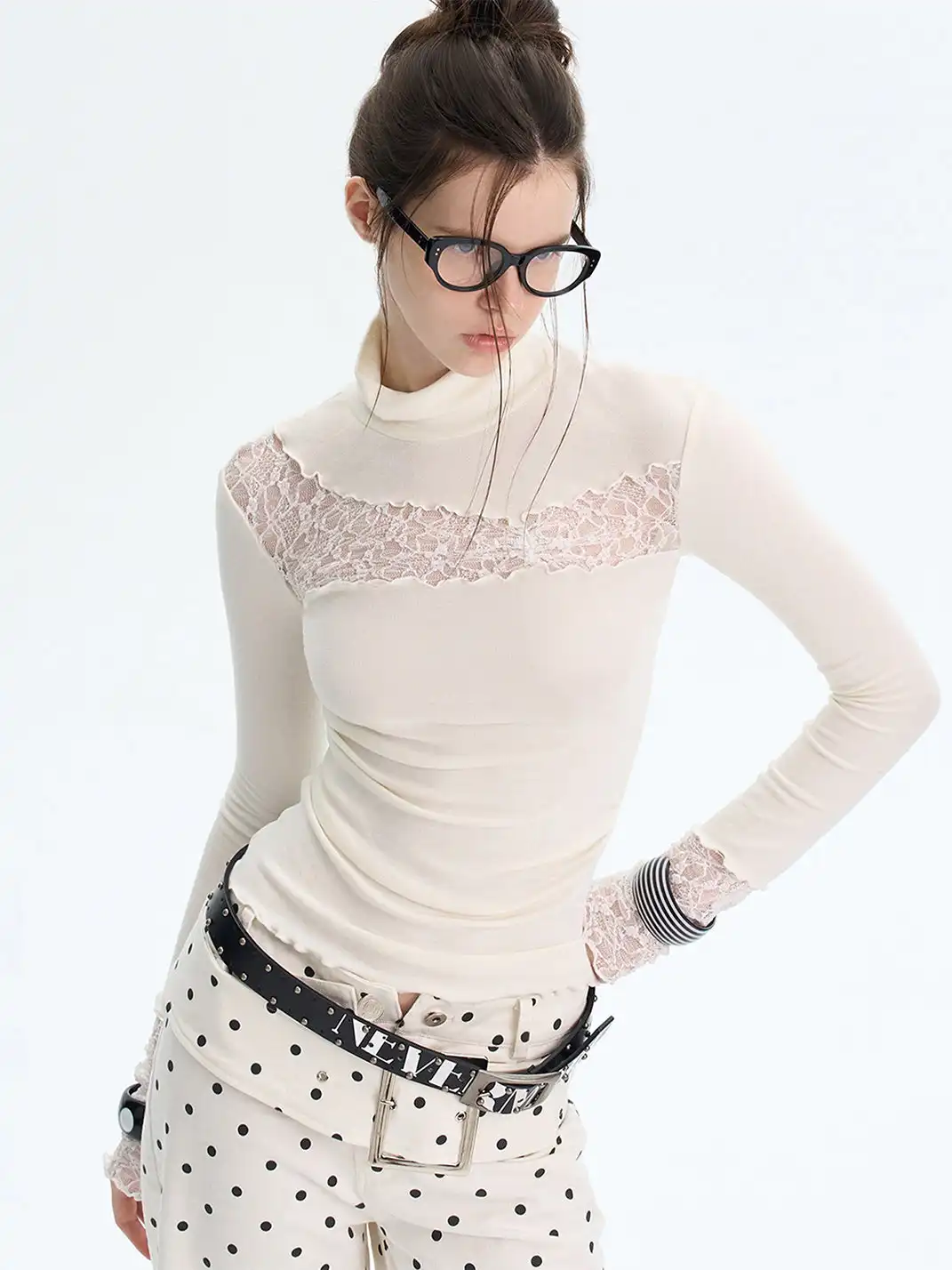 The NeverMore | Patchwork Lace Knit Turtleneck Base Layer