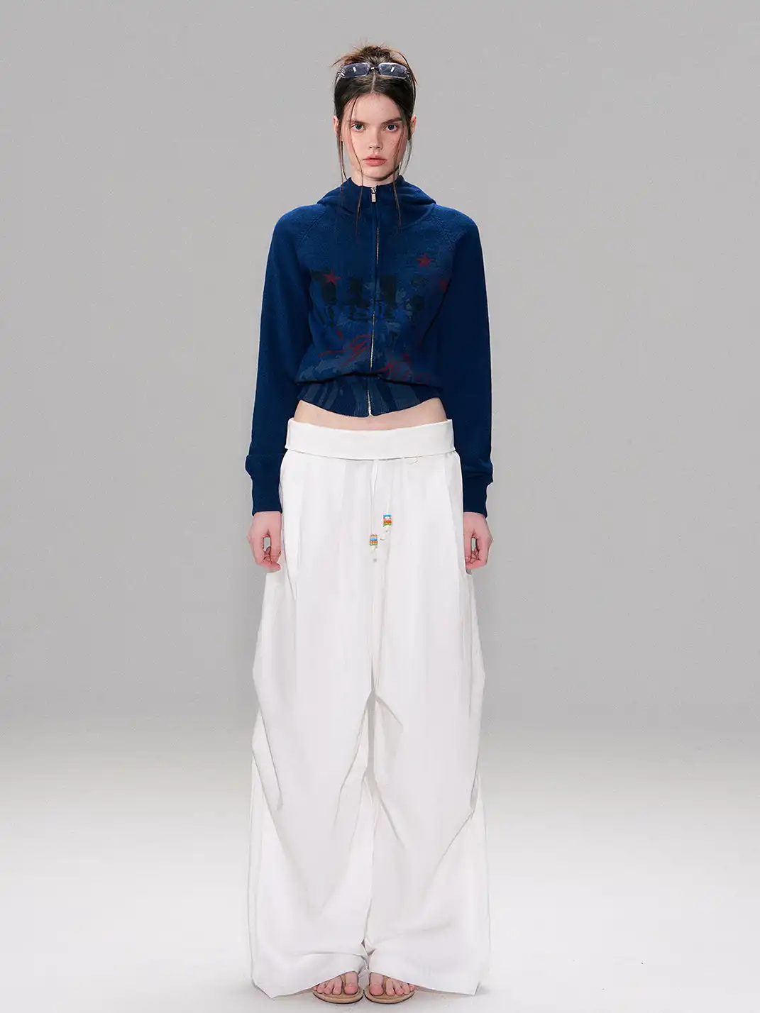 The NeverMore | White Retro-Style Folded Waist Casual Pants