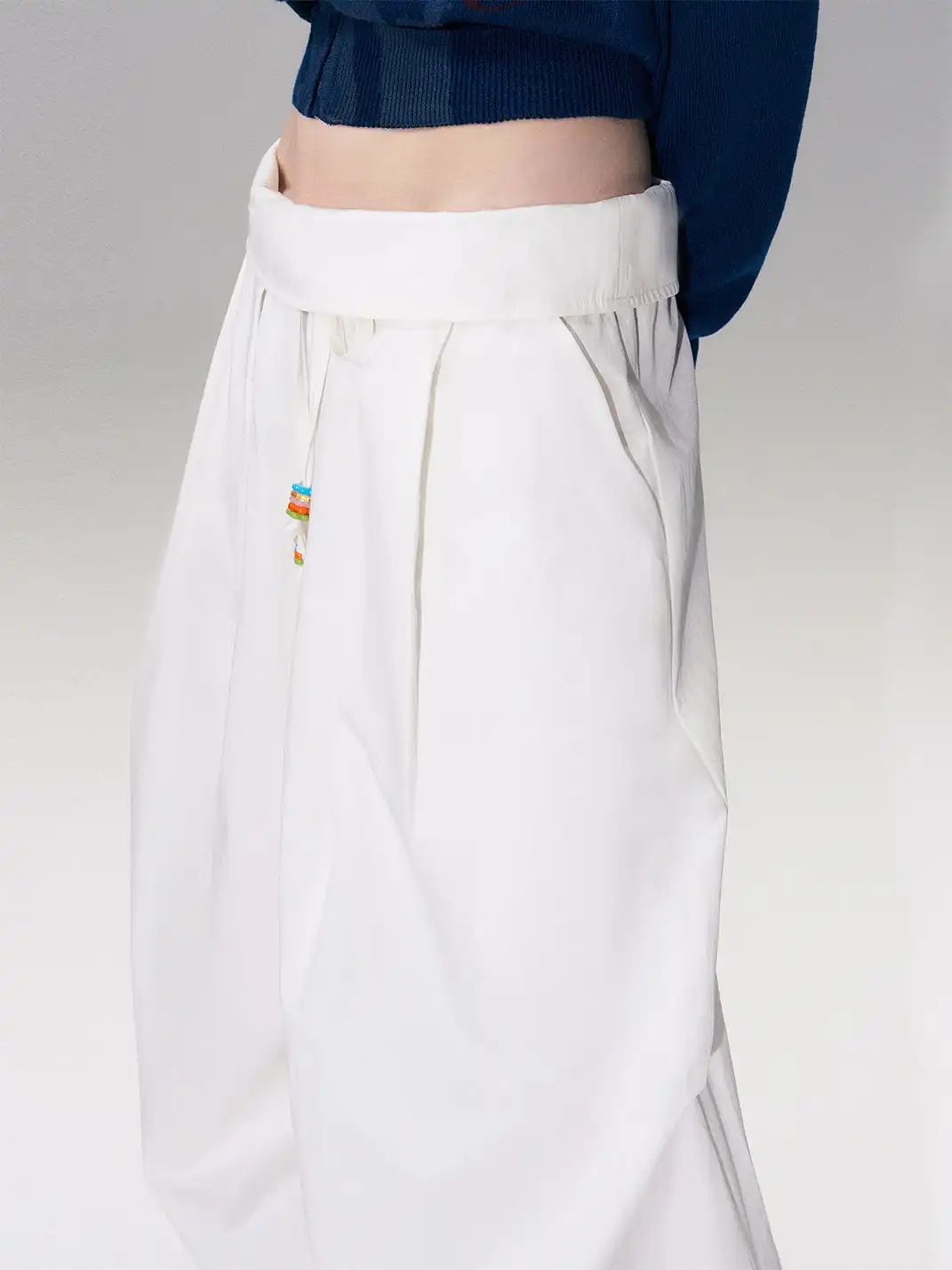 The NeverMore | White Retro-Style Folded Waist Casual Pants