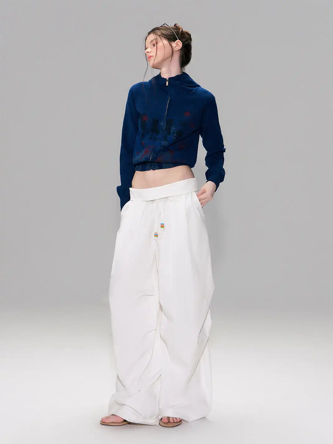 The NeverMore | White Retro-Style Folded Waist Casual Pants