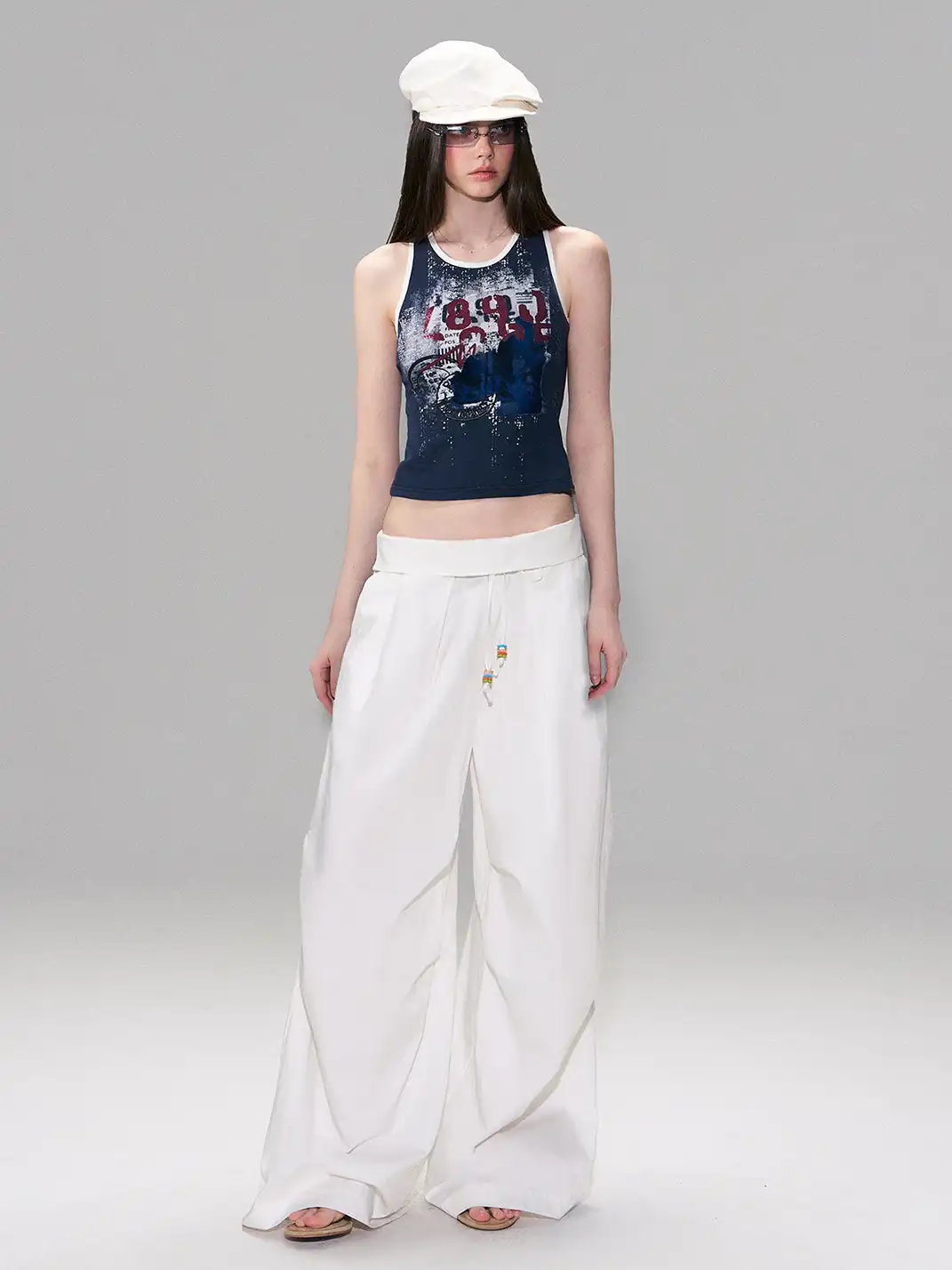 The NeverMore | White Retro-Style Folded Waist Casual Pants