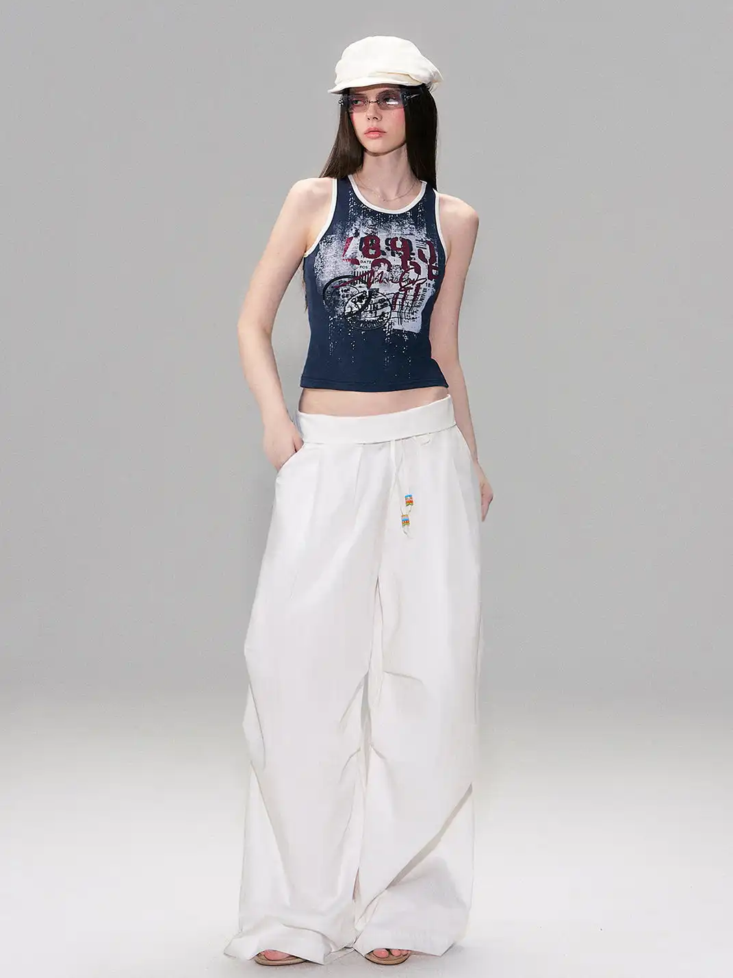 The NeverMore | White Retro-Style Folded Waist Casual Pants
