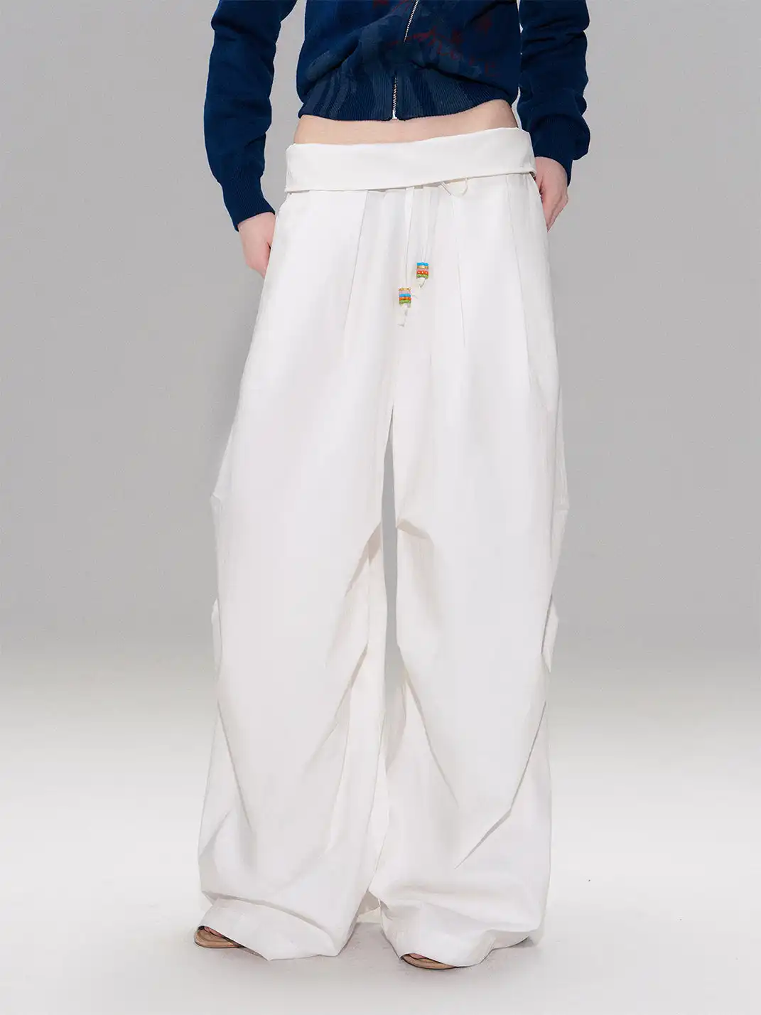 The NeverMore | White Retro-Style Folded Waist Casual Pants