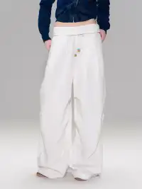 The NeverMore | White Retro-Style Folded Waist Casual Pants