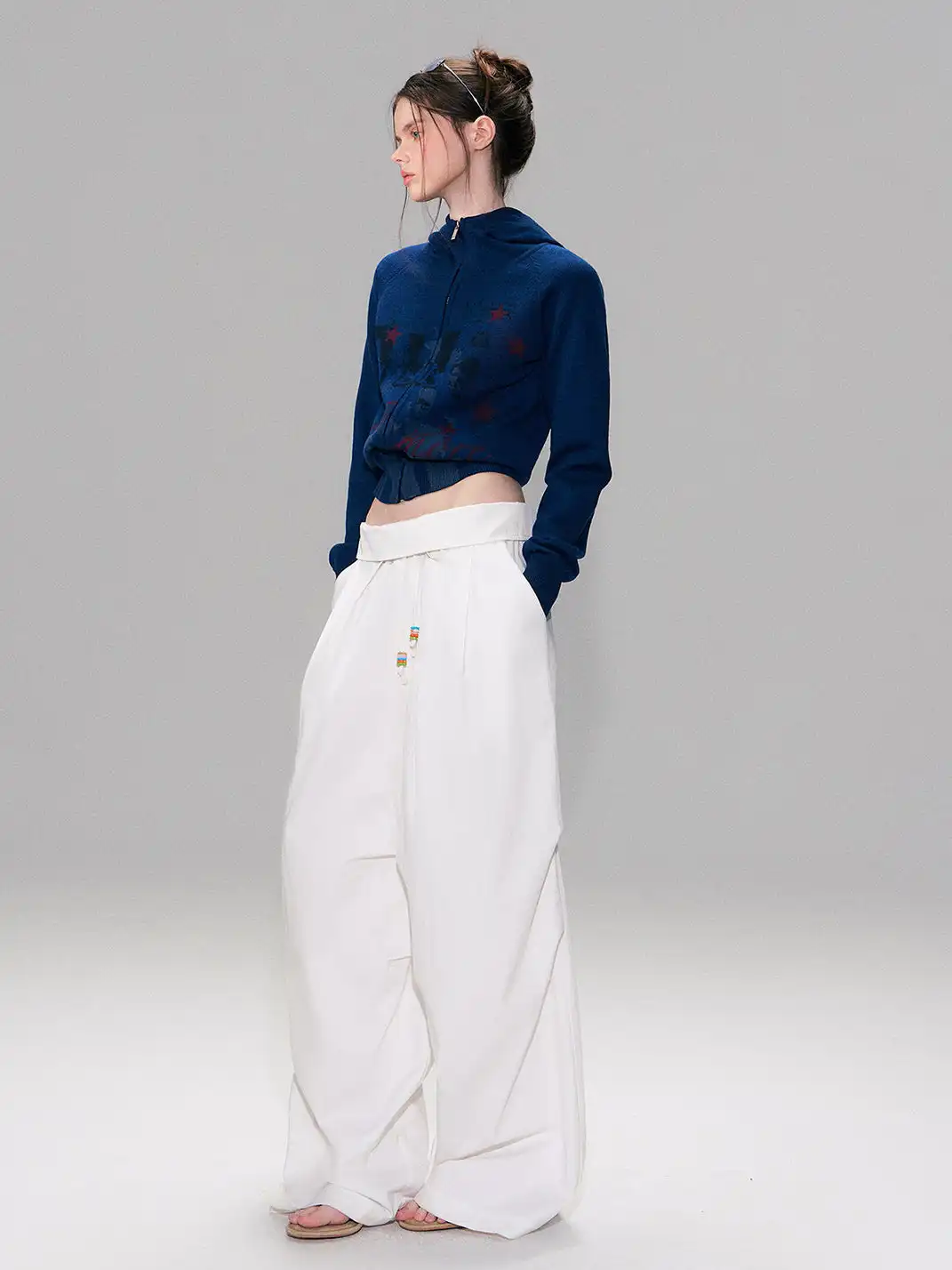 The NeverMore | White Retro-Style Folded Waist Casual Pants