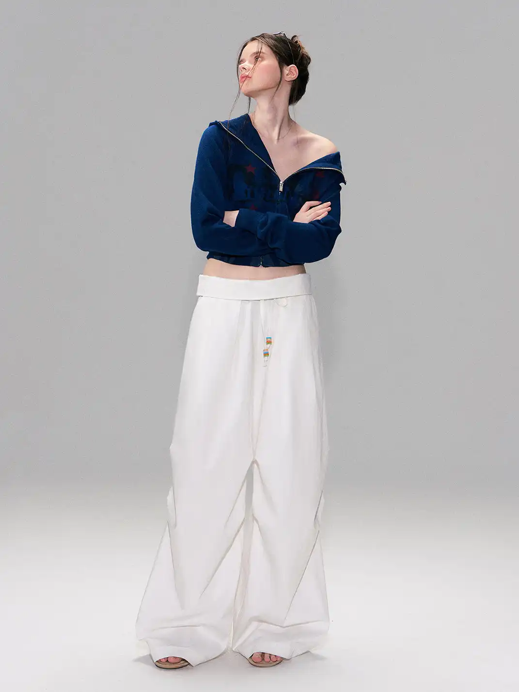 The NeverMore | White Retro-Style Folded Waist Casual Pants