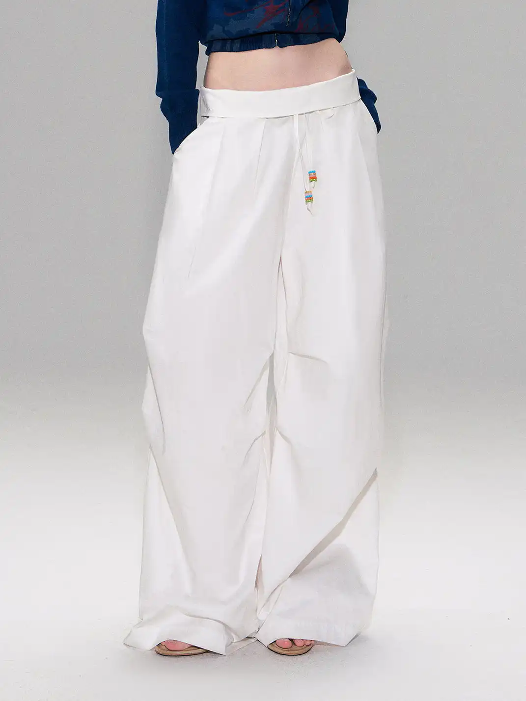 The NeverMore | White Retro-Style Folded Waist Casual Pants