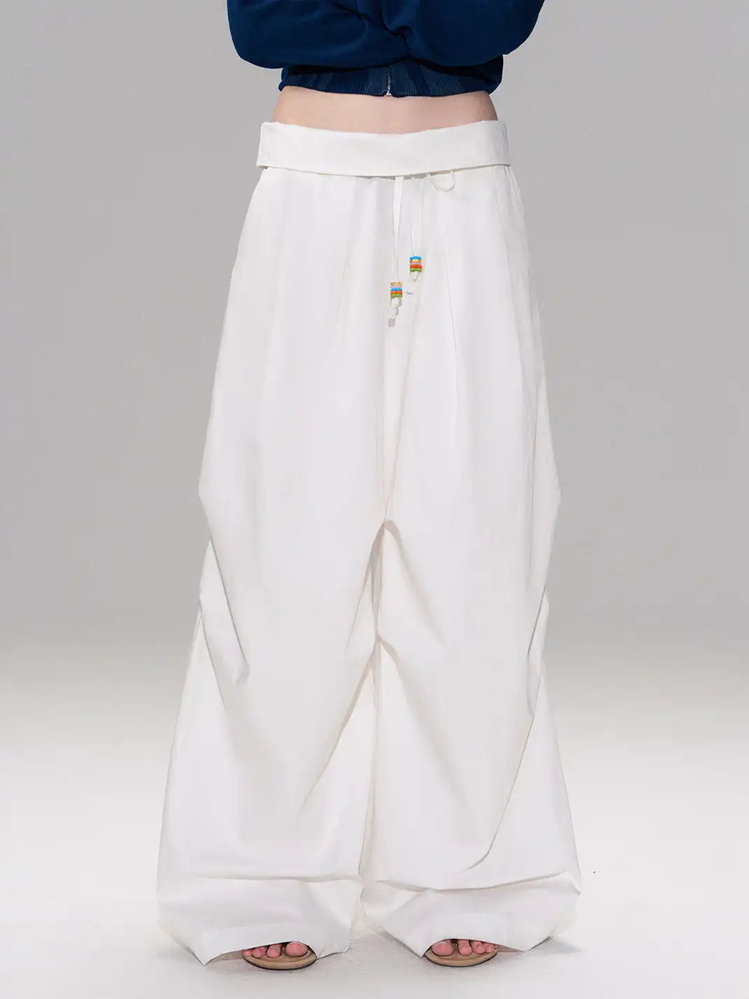 The NeverMore | White Retro-Style Folded Waist Casual Pants