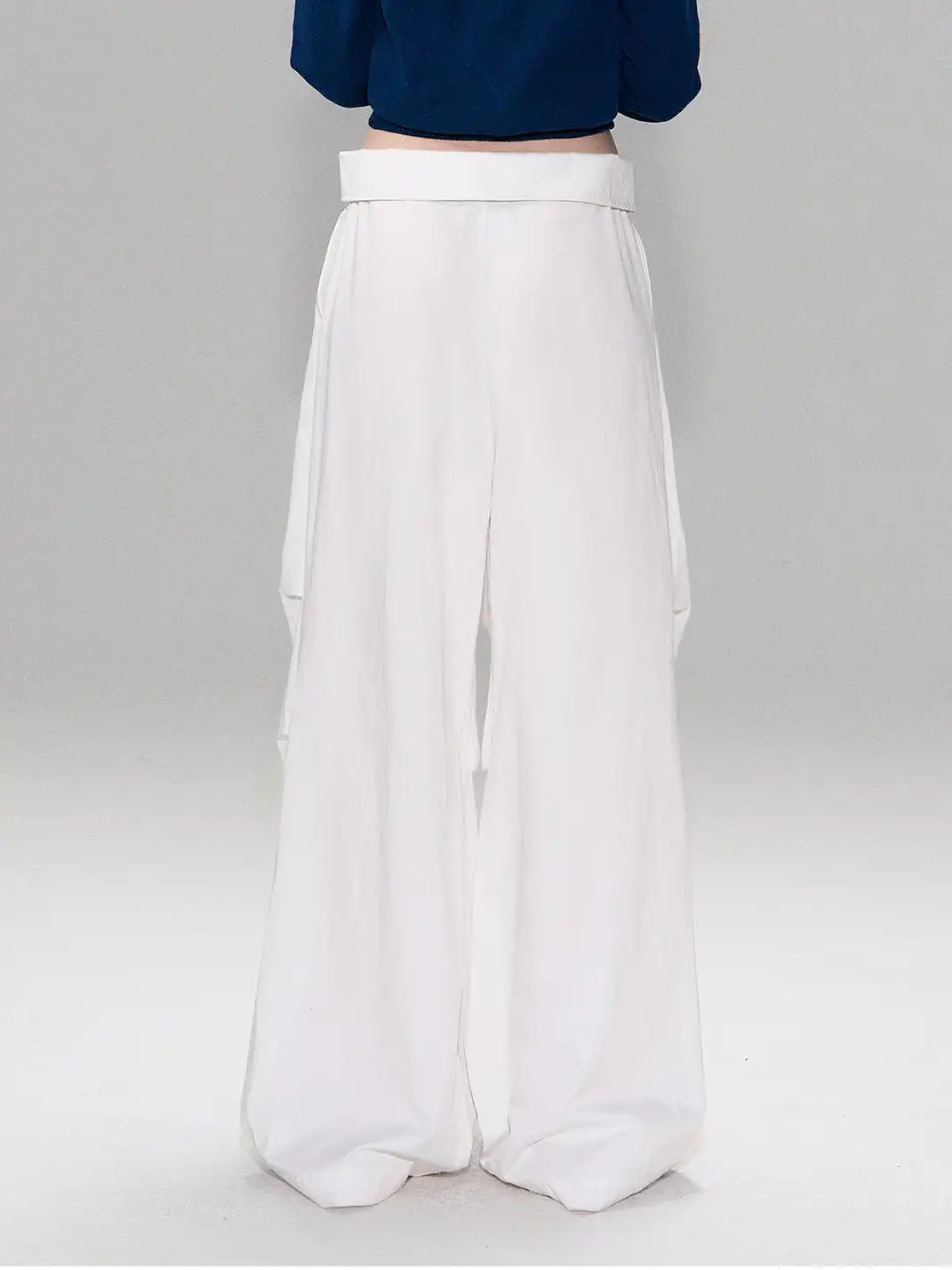 The NeverMore | White Retro-Style Folded Waist Casual Pants