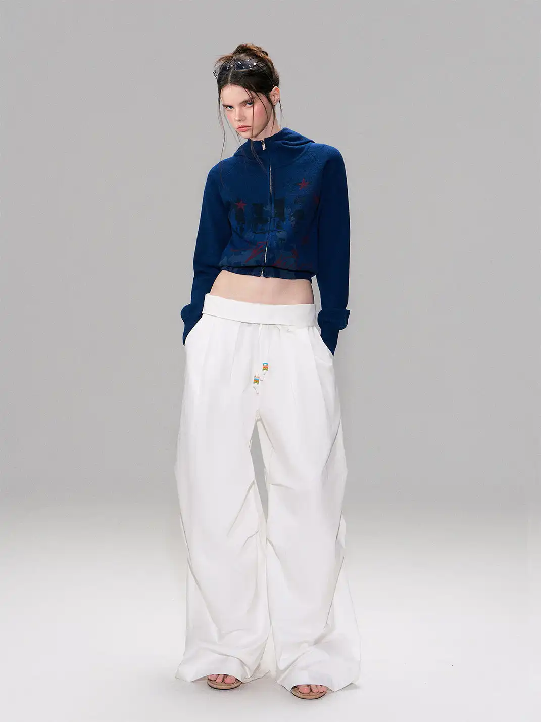 The NeverMore | White Retro-Style Folded Waist Casual Pants