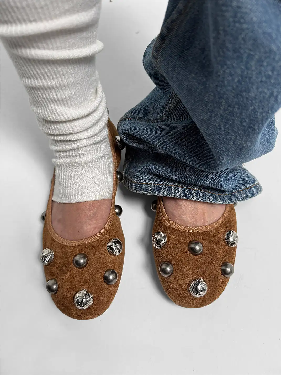 ABstract Garden | Vintage Studded Ballet Flats-Brown