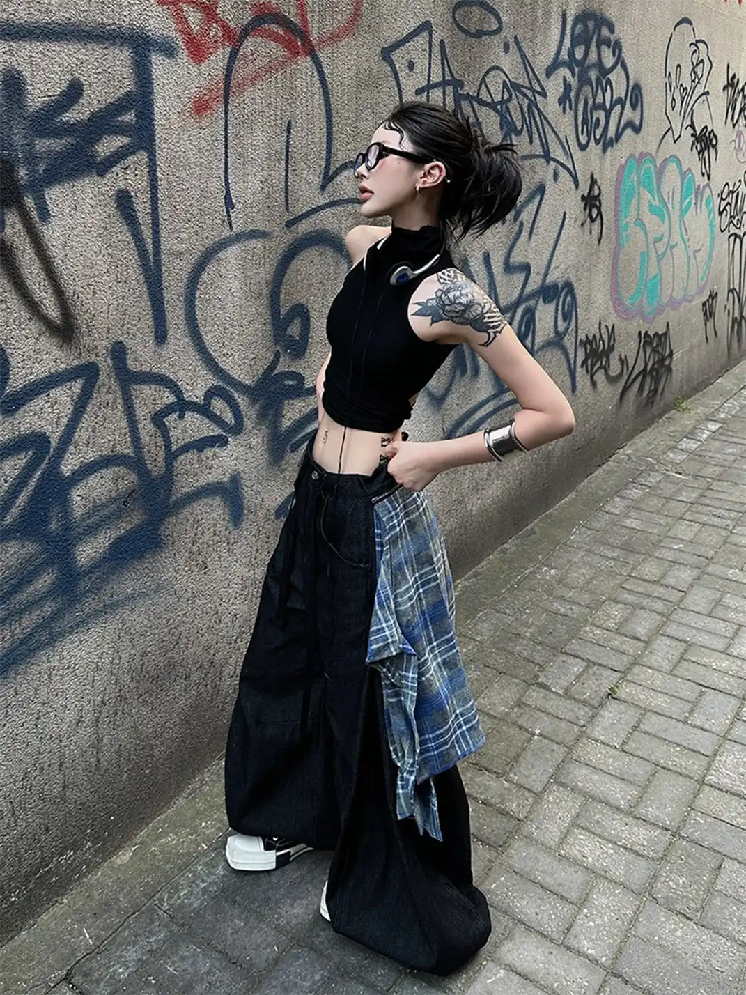 RELABEL | Detachable Plaid Flap Panel Wide-Leg Pants