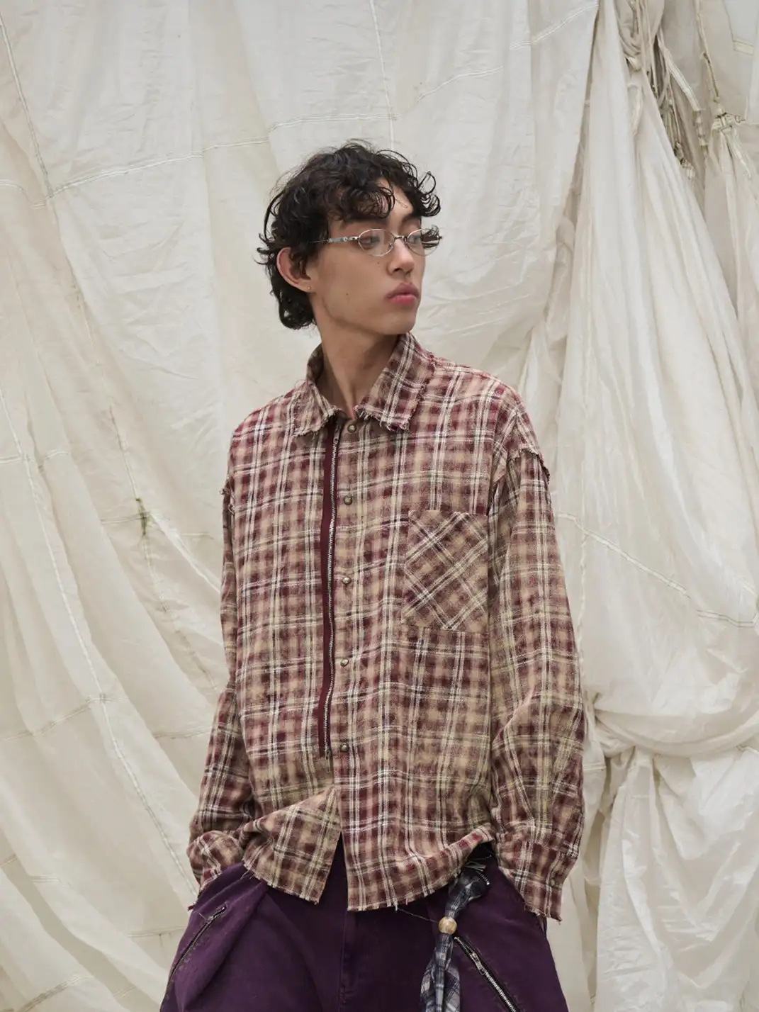 RELABEL | Tie-dye Plaid Dual Closure Frayed Shirt