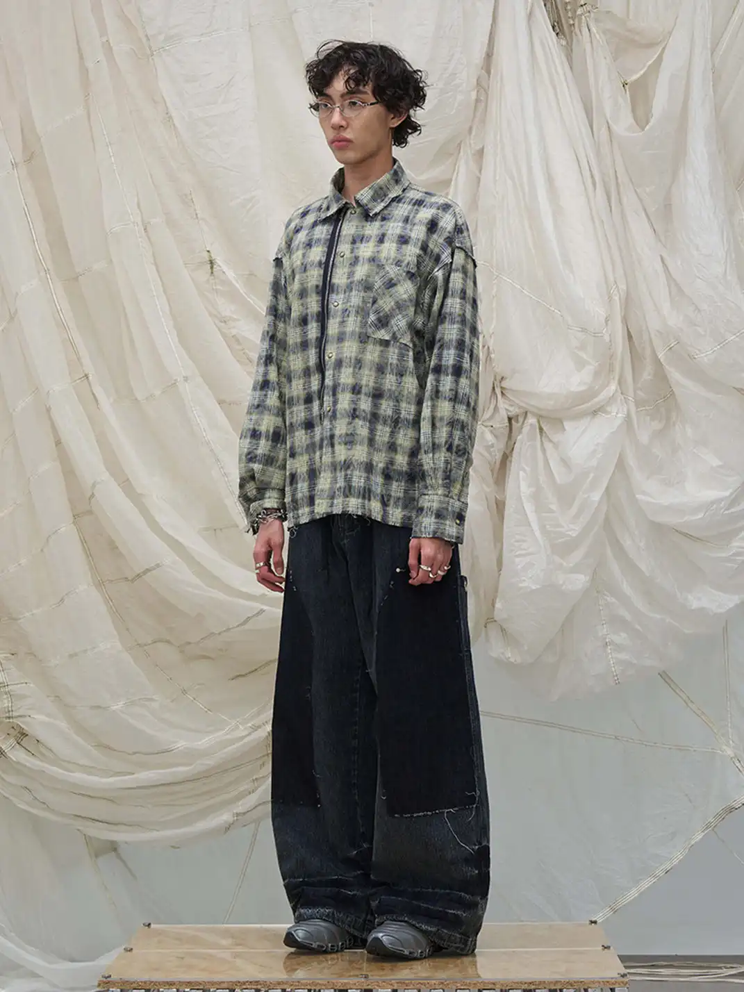 RELABEL | Tie-dye Plaid Dual Closure Frayed Shirt