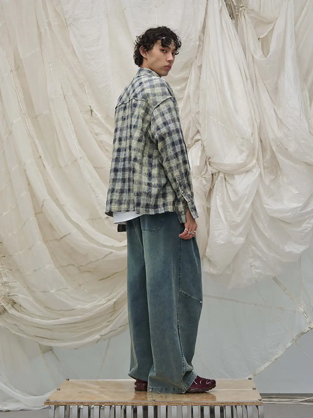 RELABEL | Tie-dye Plaid Dual Closure Frayed Shirt