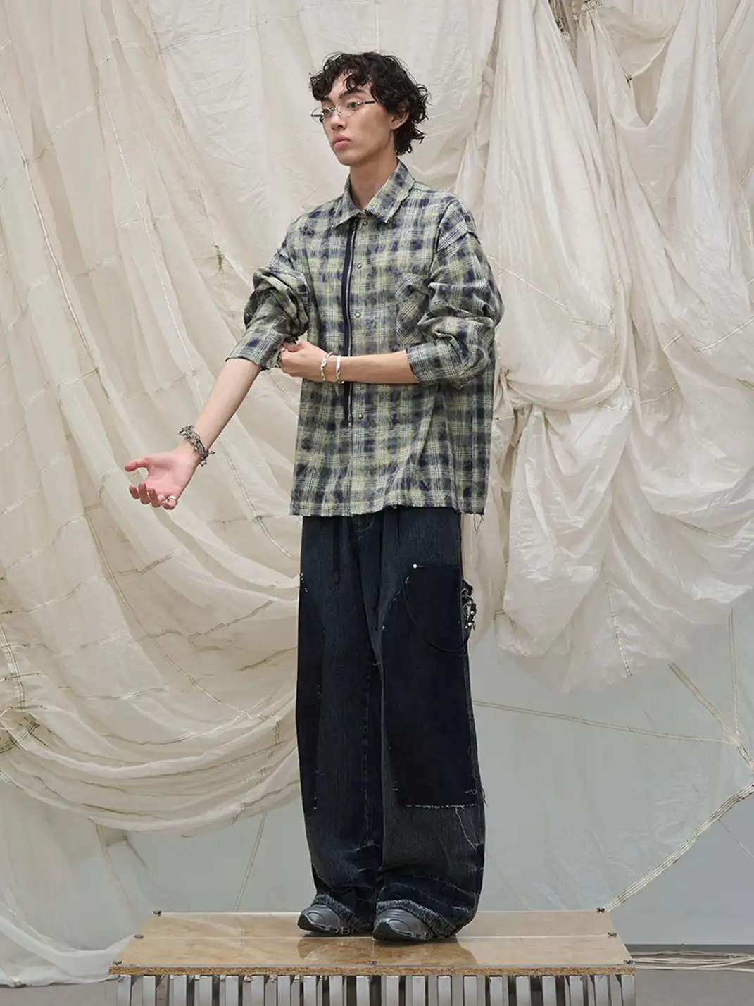 RELABEL | Tie-dye Plaid Dual Closure Frayed Shirt