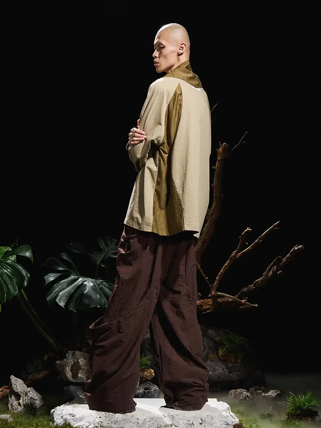 RELABEL | Color-Blocked Distressed Scarf Long-Sleeved Top