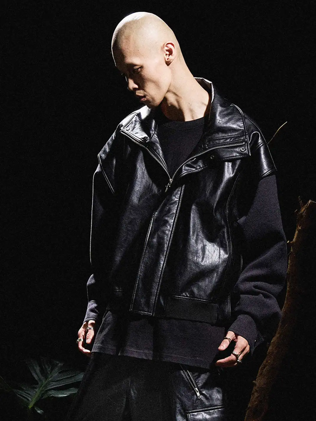 RELABEL | Half-High Collar Deconstructed Shoulder Leather Jacket