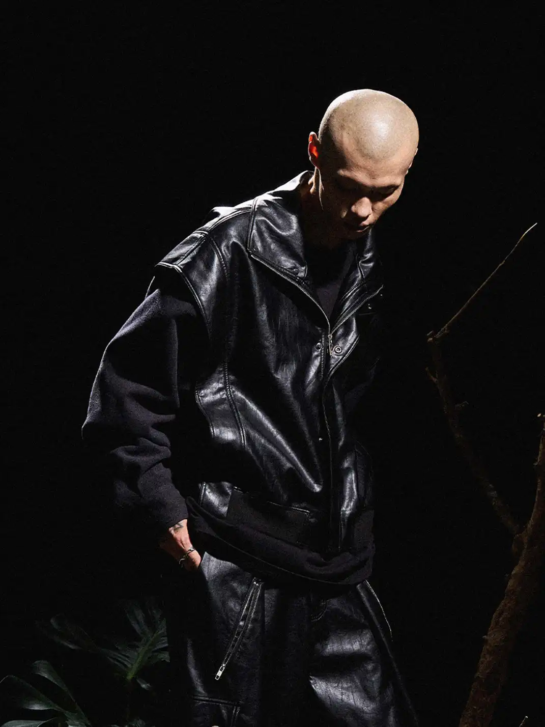 RELABEL | Half-High Collar Deconstructed Shoulder Leather Jacket