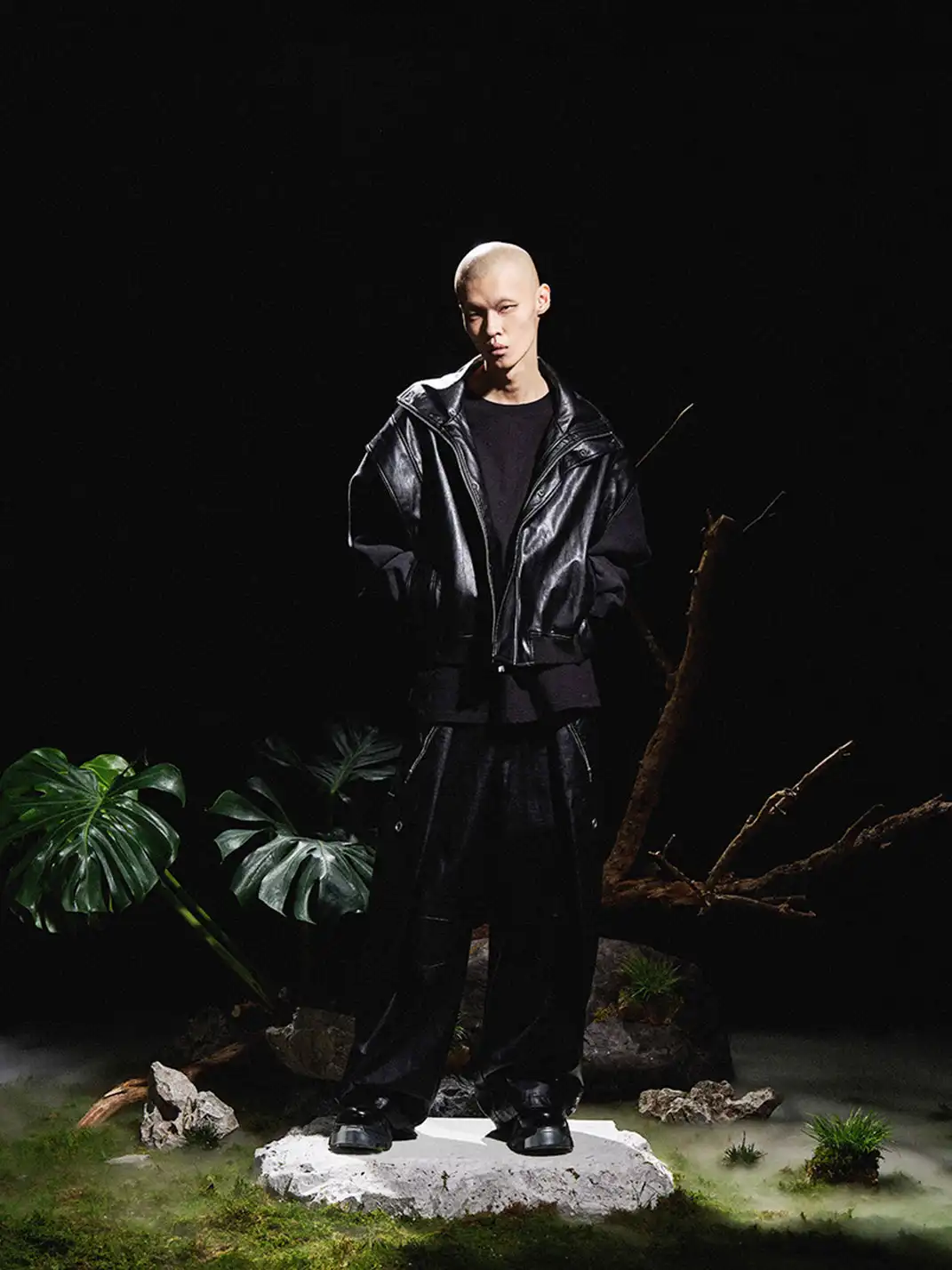 RELABEL | Half-High Collar Deconstructed Shoulder Leather Jacket