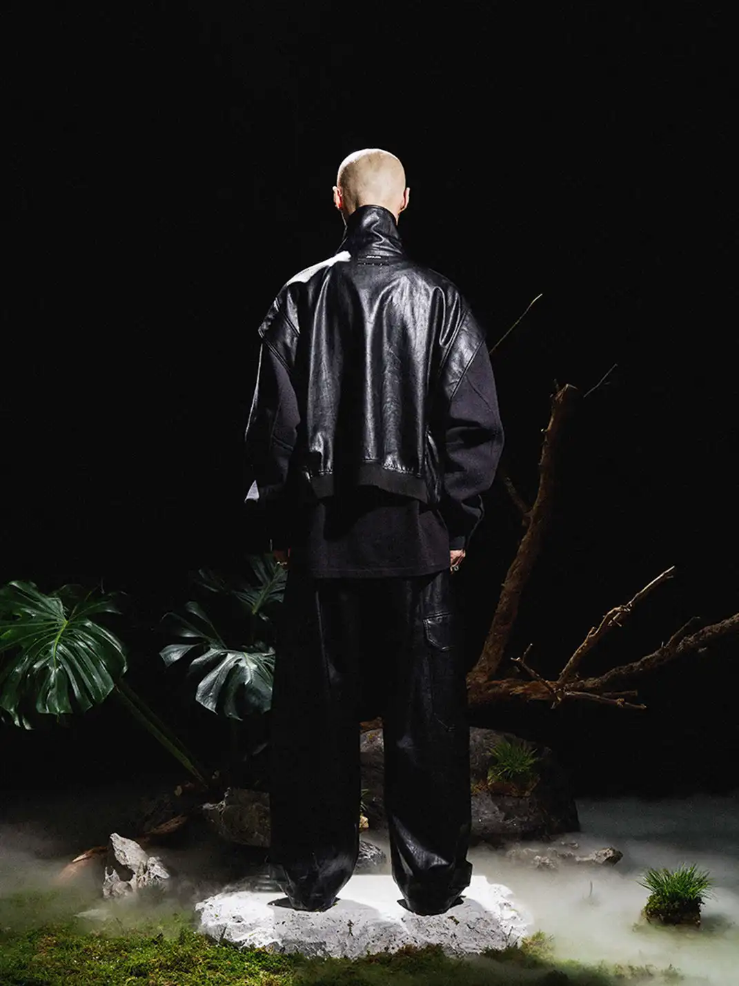 RELABEL | Half-High Collar Deconstructed Shoulder Leather Jacket