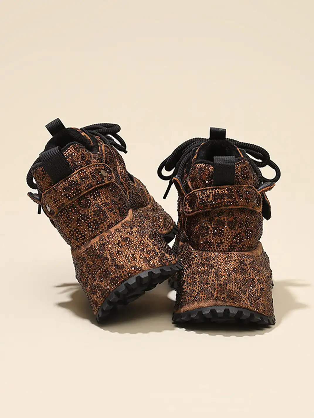 GRACE PANDA | Rhinestone Platform Sneakers-Brown