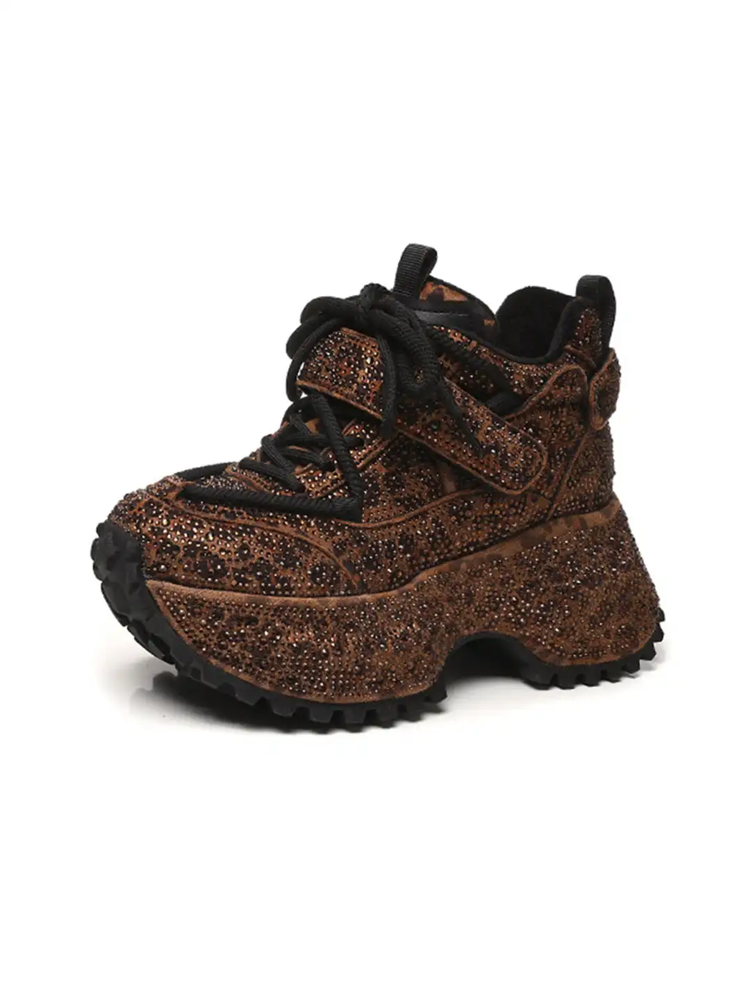 GRACE PANDA | Rhinestone Platform Sneakers-Brown