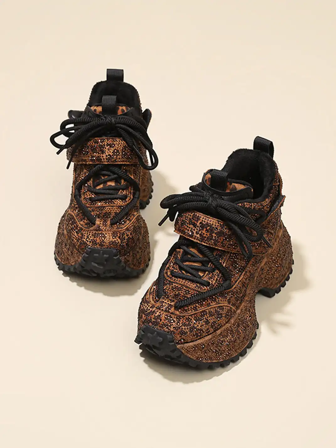 GRACE PANDA | Rhinestone Platform Sneakers-Brown
