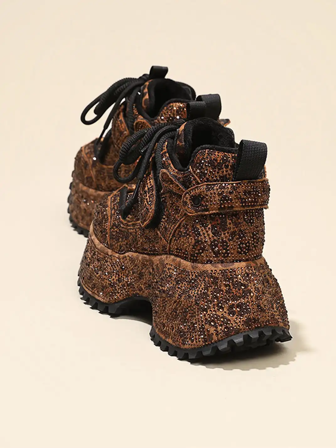 GRACE PANDA | Rhinestone Platform Sneakers-Brown