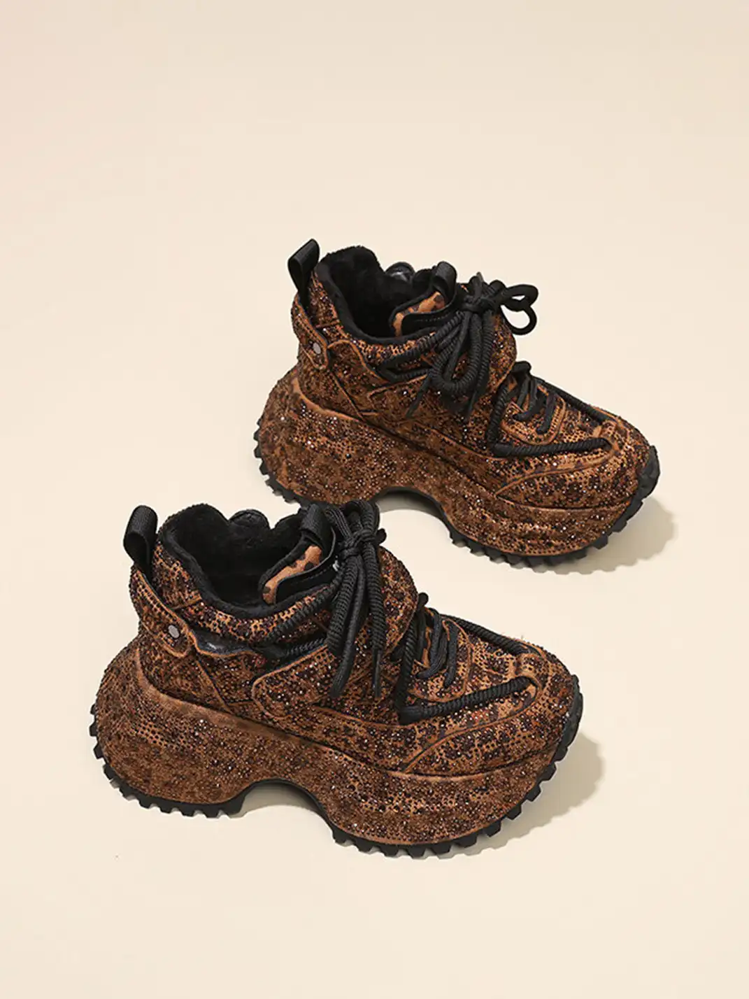 GRACE PANDA | Rhinestone Platform Sneakers-Brown