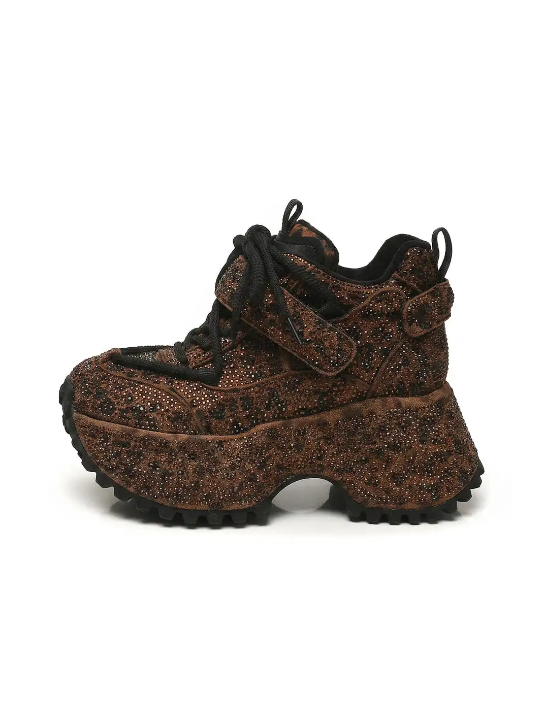 GRACE PANDA | Rhinestone Platform Sneakers-Brown